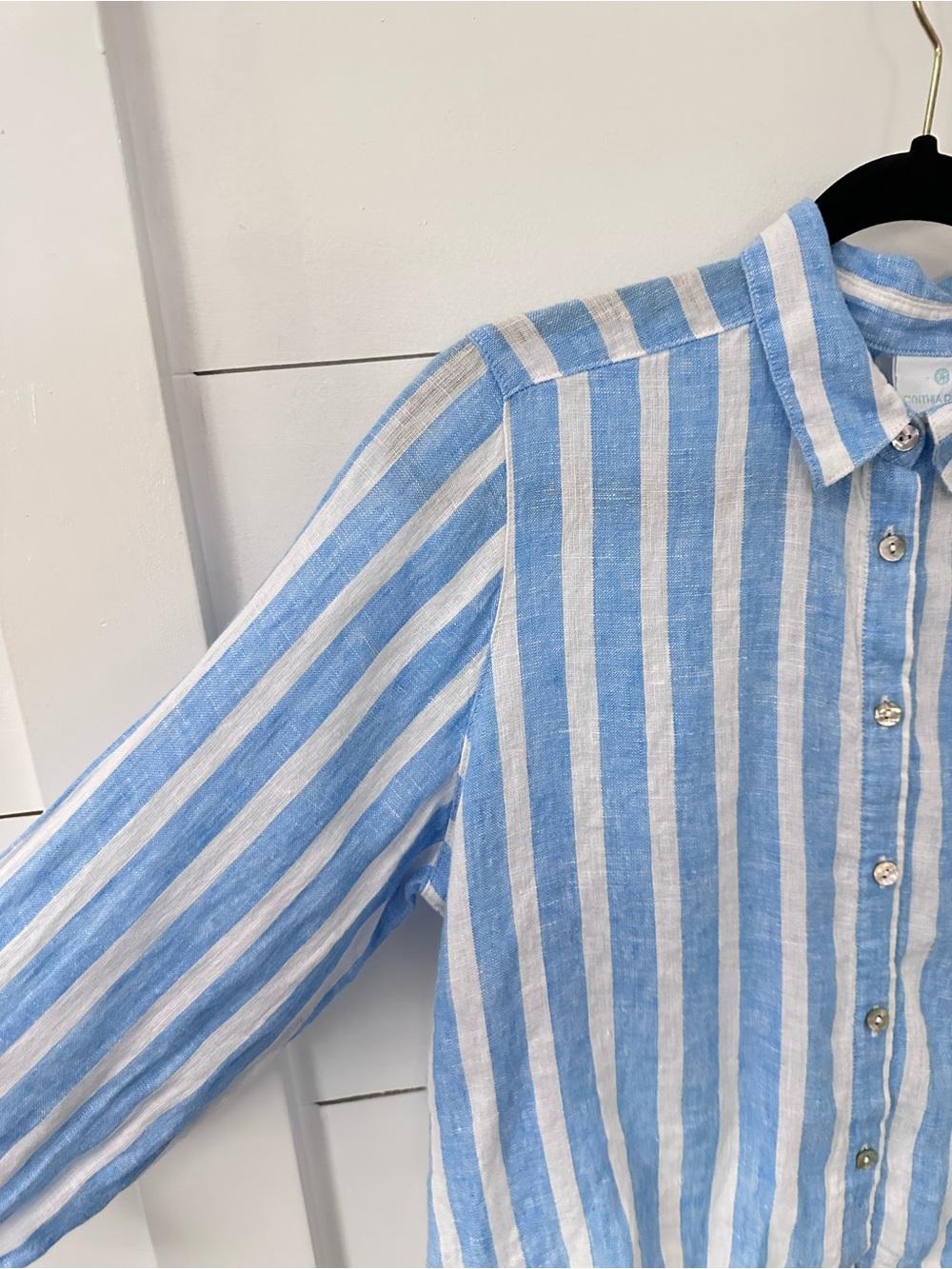 Cynthia Rowley M Linen blue-white stripe long sleeve cottagecore coastal blouse - Picture 9 of 13